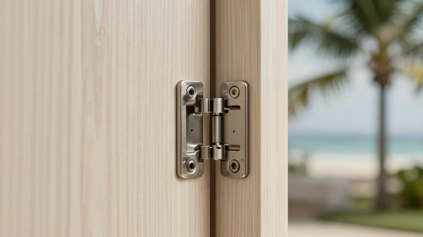 Close-up of a concealed cabinet hinge on a pale wood door, neutral metal finish, soft daylight, 50mm lens