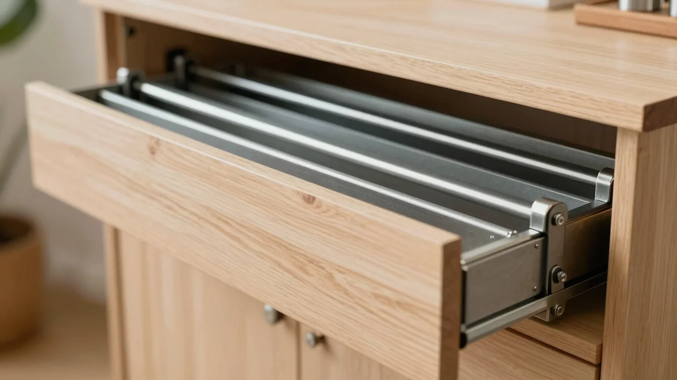 Metal drawer runner fitted inside a timber cabinet, tidy workshop setting, soft daylight, crisp detail