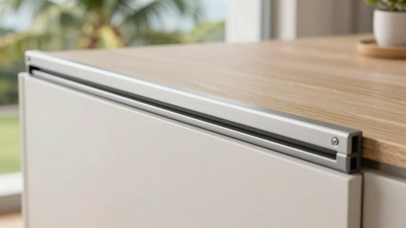 Sliding door track fitting installed on a light cabinet panel in a Malaysian home, natural daylight