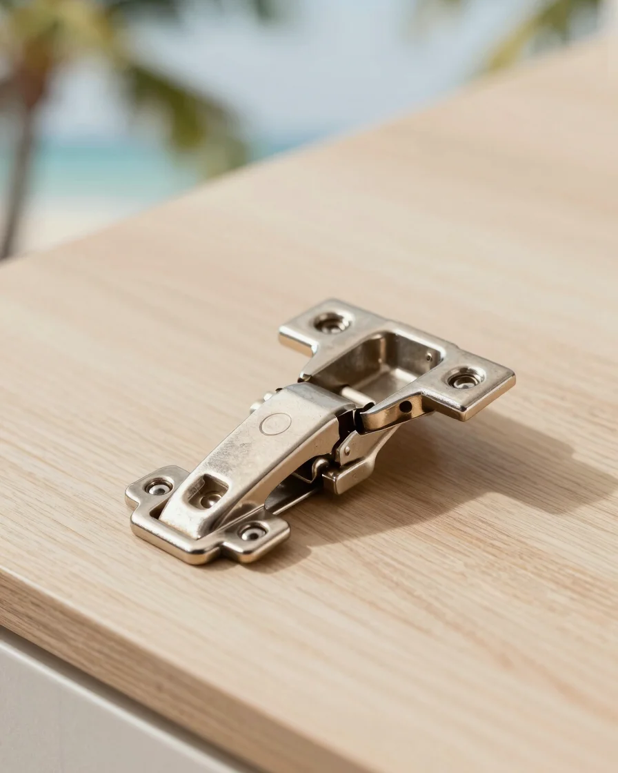 Clean product photography of metal cabinet hinges and drawer runners on a neutral wood surface, soft tropical daylight,