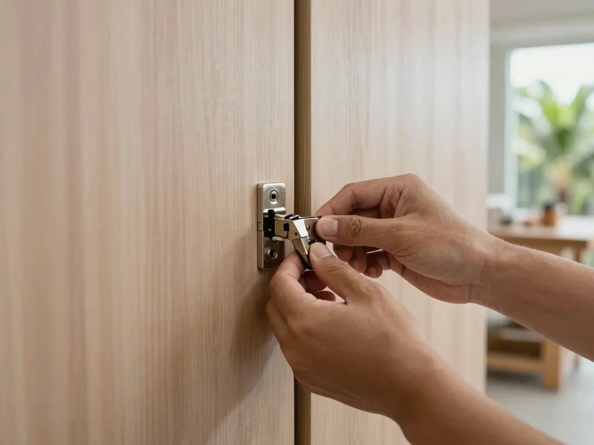 Hands fitting a concealed hinge into a timber cabinet door in a contemporary Malaysian workshop, soft daylight, believab