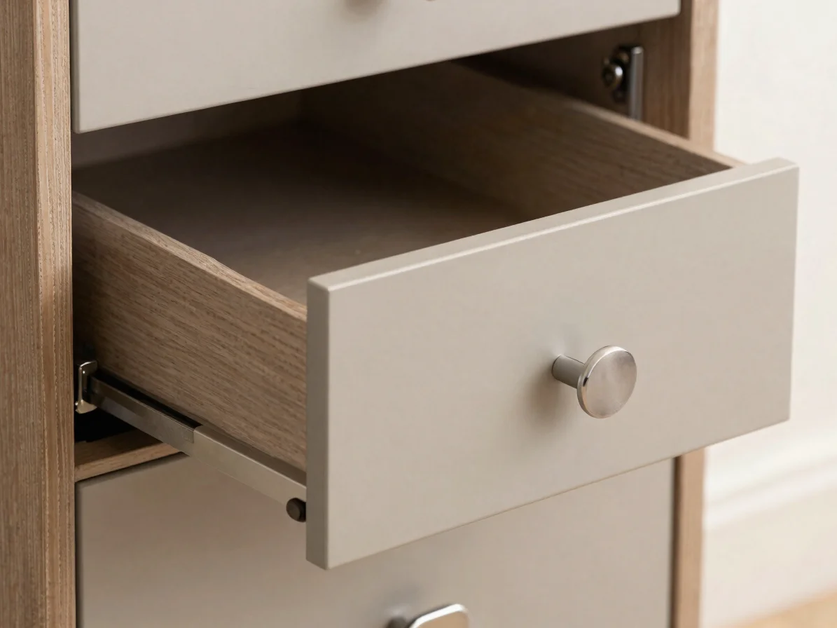 Close-up of a drawer runner and sliding mechanism on a neutral metal-and-wood cabinet, crisp macro detail, soft tropical