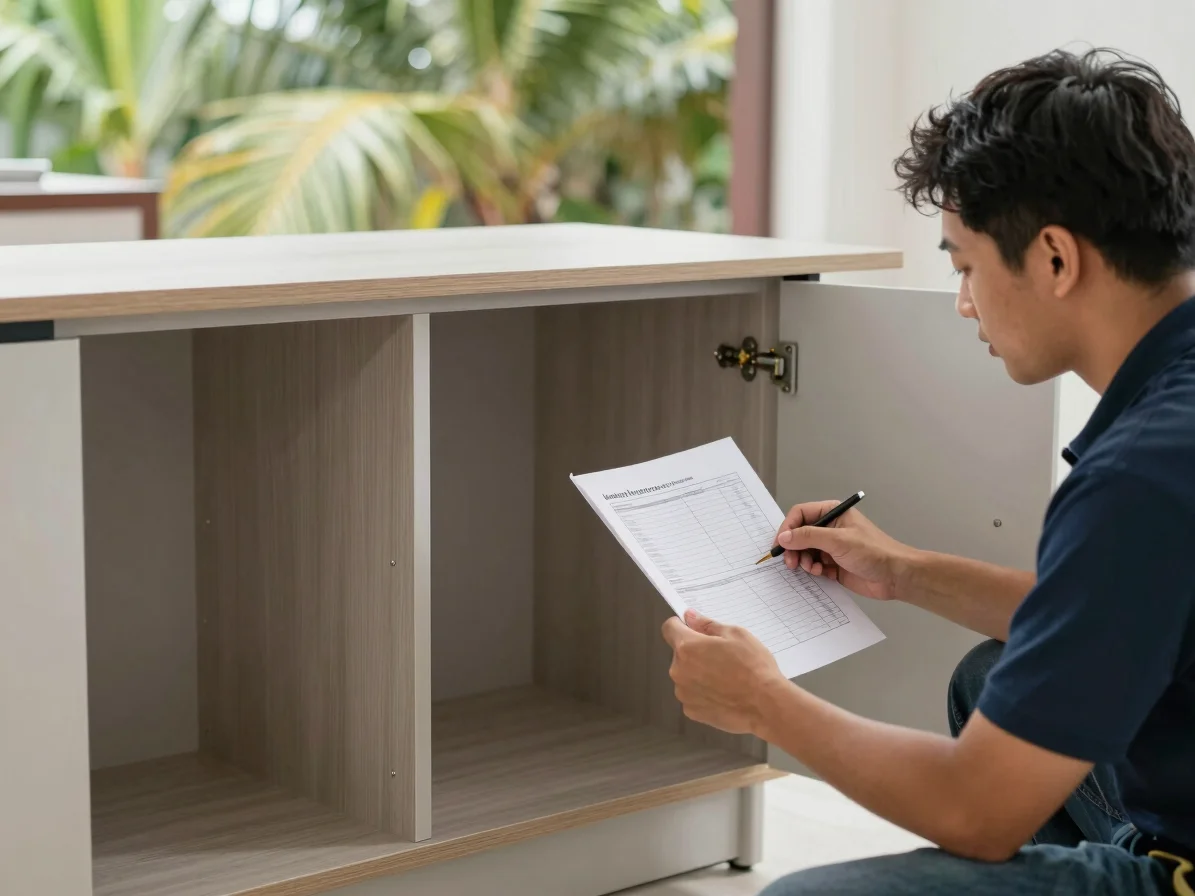 Local installer reviewing a hardware specification beside a partly built kitchen cabinet, believable Malaysian workshop,