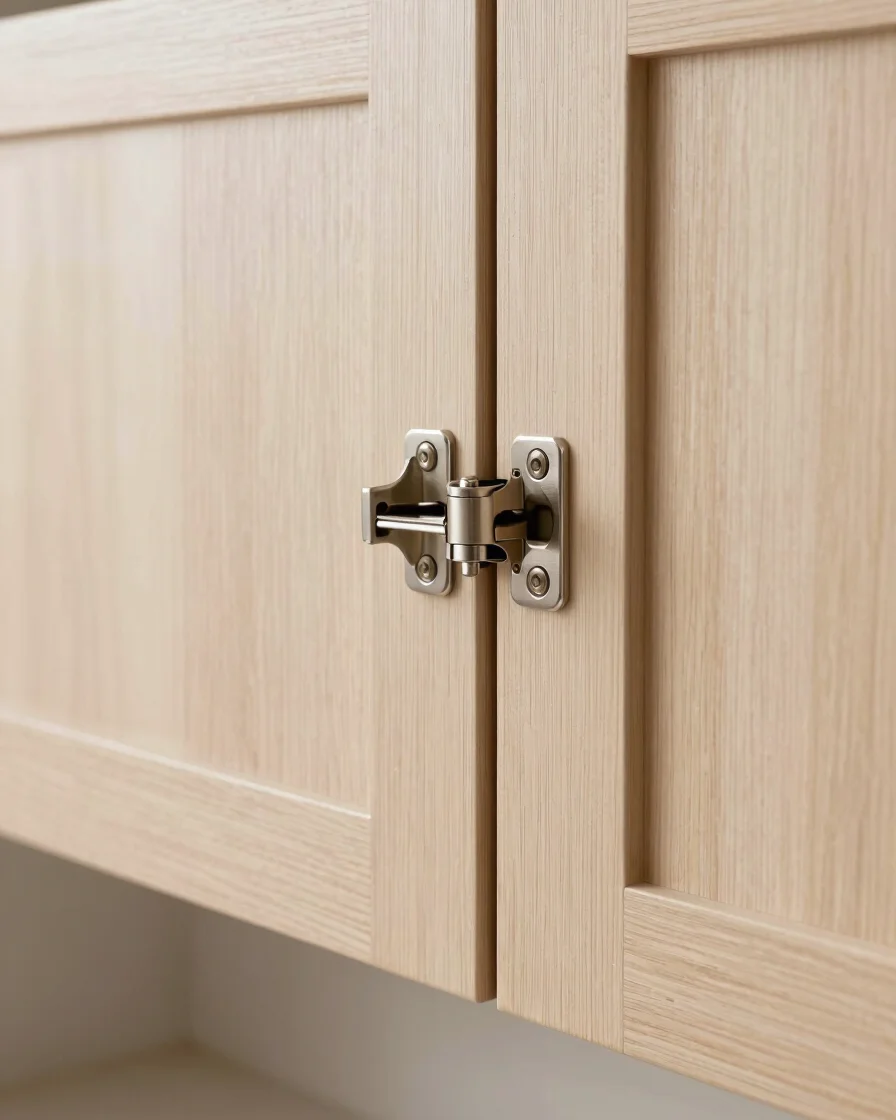Concealed hinge installed in a clean light timber cabinet door in